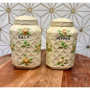 Vintage Hand Painted Japanese Basketweave Majolica Rose‎ Salt and Pepper Shakers